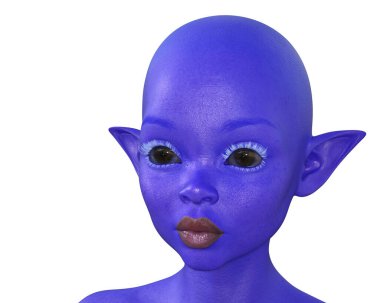 3 boyutlu görüntüleme. Beyaz arka planda mavi bir elfin portresi