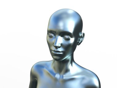 Beyaz arka planda, kel, gümüş saçlı bir kadının üç boyutlu resmi. Metal manken
