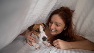 Kafkasyalı kızıl saçlı kadın beyaz çarşafta Jack Russell teriyer köpeğiyle kucak kucağa uyuyor.