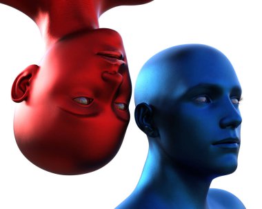 3 boyutlu görüntüleme. Mavi kel bir adamın portresi baş aşağı ve beyaz arka planda kızıl kel bir kadın.