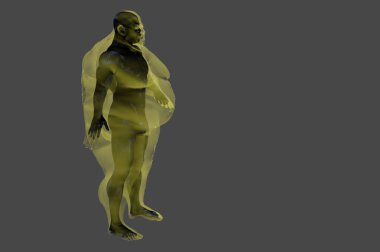 3 boyutlu görüntüleme. Gri arka planda obez bir vücudun içindeki atletik adam. Boşluğu kopyala