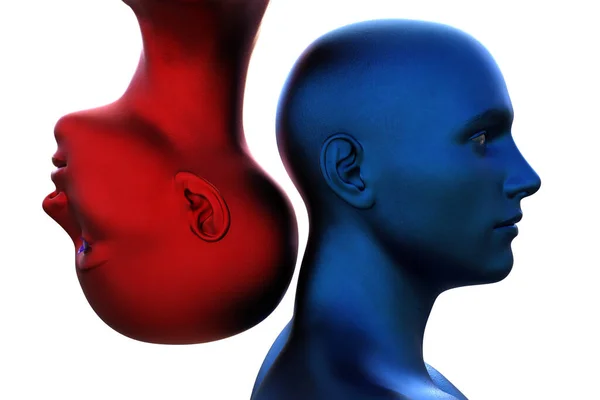 3d render. Portrait of a blue bald man upside down and a red bald woman on a white background