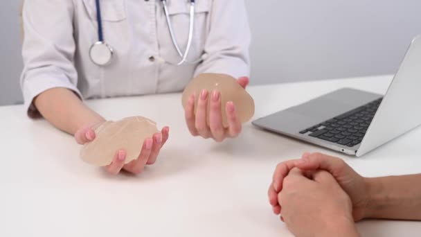 Caucasian Woman Plastic Surgeon Touching Choosing Breast Implants — Video Stock