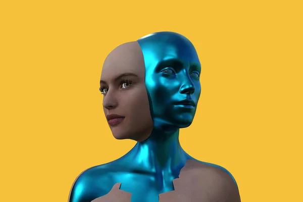 3D rendering. Merging two female heads on a yellow background