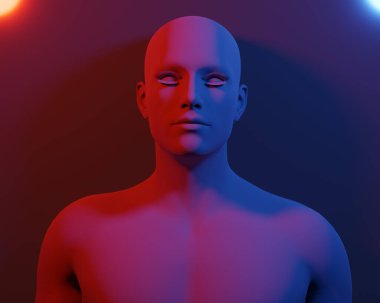 3D rendering of a portrait of a red matte bald woman on a white background