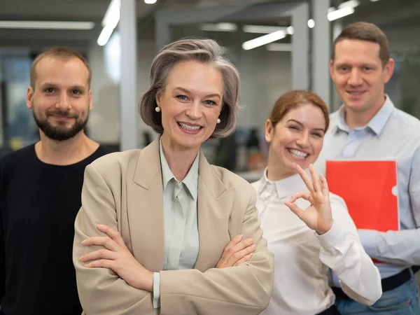 Portrait Four Office Workers Gray Haired Mature Woman Caucasian Man — Stockfoto