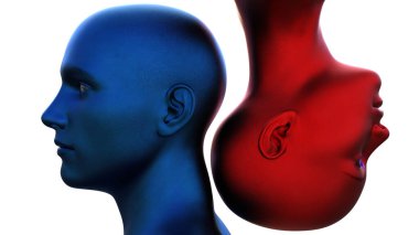 3 boyutlu görüntüleme. Mavi kel bir adamın portresi baş aşağı ve beyaz arka planda kızıl kel bir kadın.