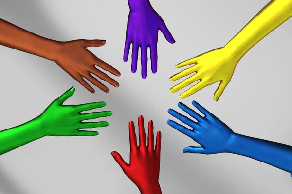 Multi-colored female hands on top of each other as a team. 3d illustration