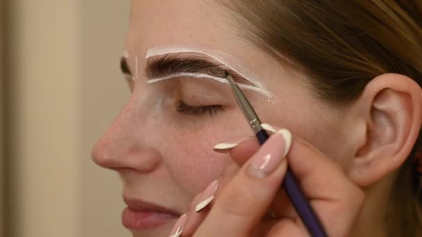 Master Draws Shape Eyebrows White Paint Coloring — Stock Video