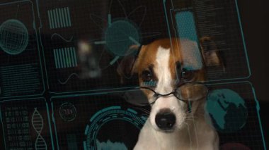 Dog jack russell terrier in eyeglasses looks at hud menu