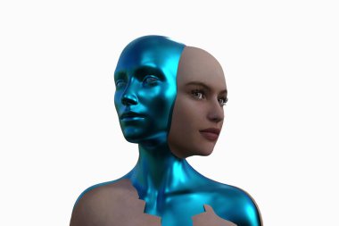 3D rendering. Merging two female heads on a white background