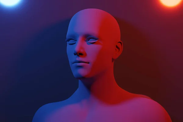 3D rendering of a portrait of a red matte bald woman on a white background