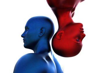 3 boyutlu görüntüleme. Mavi kel bir adamın portresi baş aşağı ve beyaz arka planda kızıl kel bir kadın.