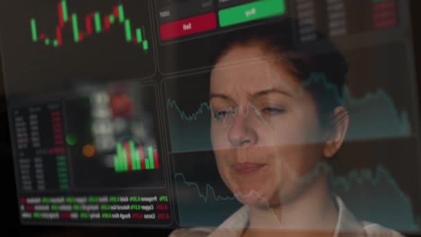 Caucasian Woman Carefully Looks Hud Menu Stock Charts Brokerage Terminal — Stock video