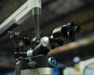 Black dentists microscope at a medical exhibition
