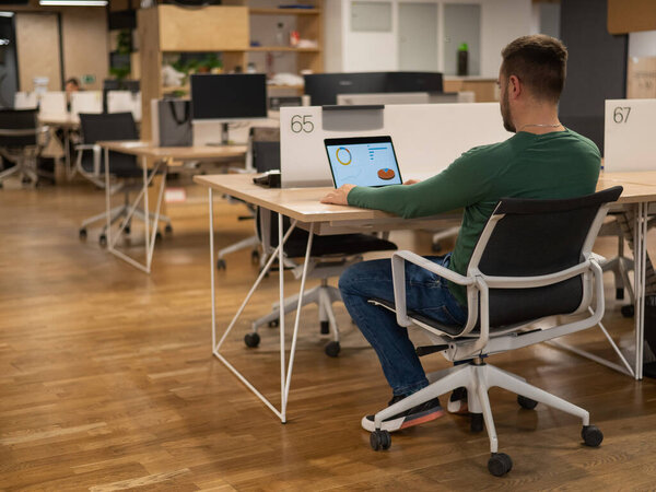 Кавказский бородатый человек работает на ноутбуке в современном коворкинговом пространстве