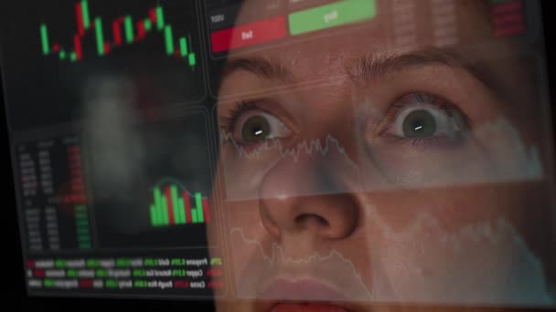 Close Female Eyes Looking Hud Menu Stock Charts Broker Terminal — Video