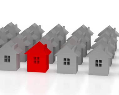 Üç boyutlu model. Bir sürü kulübe ve bir kırmızı. Farklılık