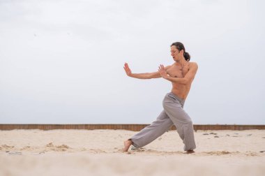 Beyaz adam dışarıda dövüş sanatları yapıyor. denge ve meditasyon