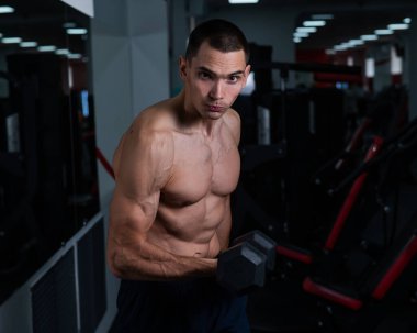 Shirtless man doing bicep exercises with dumbbells in the gym