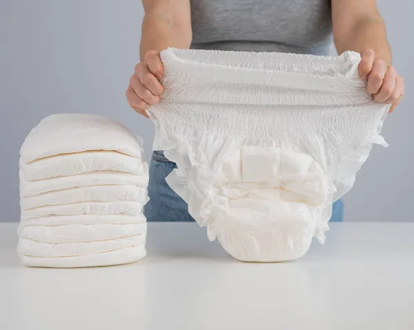 Woman Chooses Adult Diaper Pile Urinary Incontinence Problem — Stock Fotó