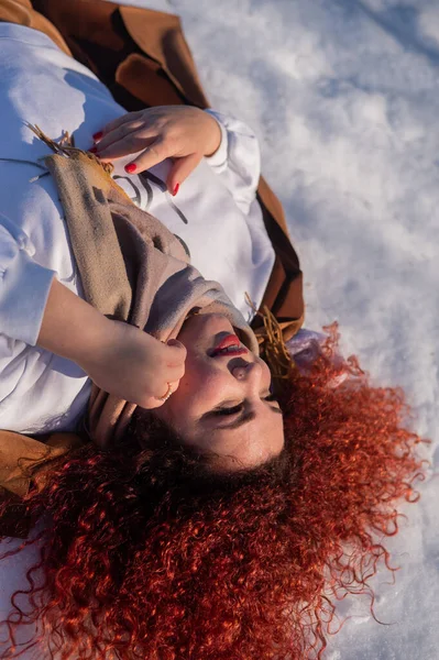 Top View Fat Red Haired Woman Lying Snow — Fotografia de Stock