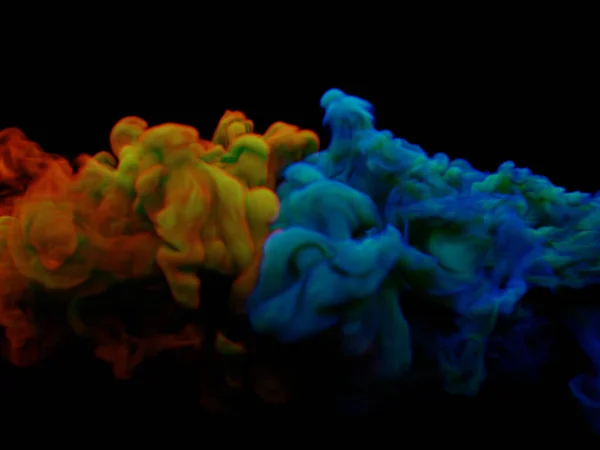 Puffs of red yellow blue smoke on a black background. 3d illustration