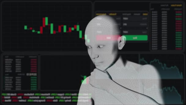 Darstellung Weißer Roboter Studiert Aktiendiagramme Auf Virtuellem Bildschirm — Stockvideo