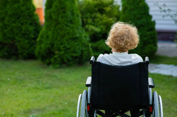 Peaceful Elderly Woman Sitting Wheelchair Walk Outdoors — Stock Photo, Image