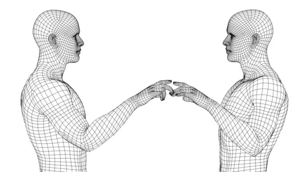 Two Male Wireframes Touch Index Fingers White Background — Stock Photo, Image