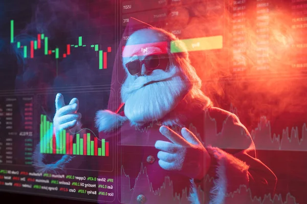 Babbo Natale Sta Guardando Menu Hud Grafici Azionari Terminale Intermediazione — Foto Stock