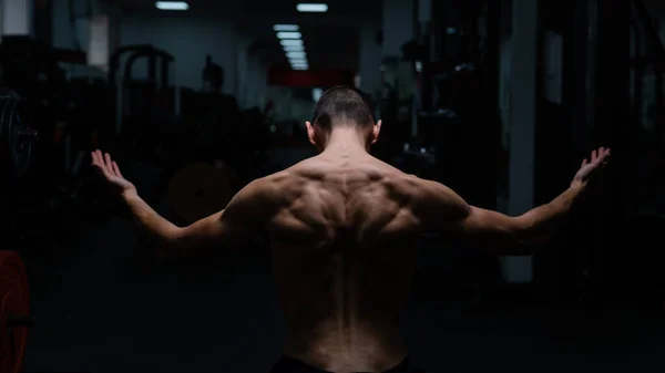 Back View Shirtless Man Sculpted Body Gym — 图库照片
