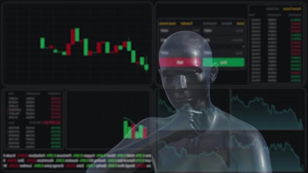 Render Робот Изучает Фондовые Карты Виртуальном Экране — стоковое видео