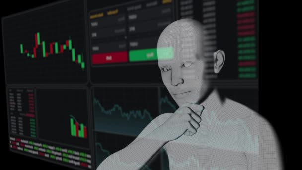 3Dレンダリング 仮想スクリーン上で株式チャートを学習するホワイトロボット — ストック動画