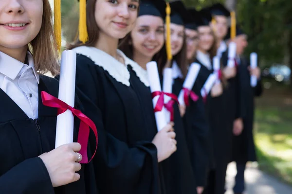 Row Young People Graduation Gowns Outdoors Age Student — Stock Photo, Image