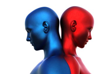 3 boyutlu görüntüleme. Beyaz arka planda bir erkek mavi kafa ve kırmızı bir kadının birleşmesi.
