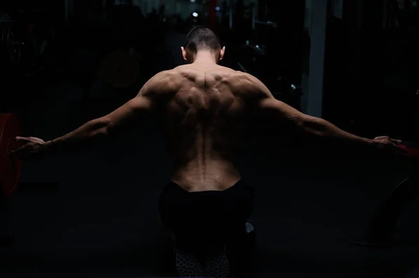 Back View Shirtless Man Sculpted Body Gym — ストック写真