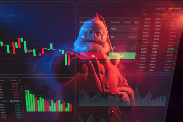 Santa Claus Dívá Menu Hud Akciové Grafy Makléřský Terminál — Stock fotografie