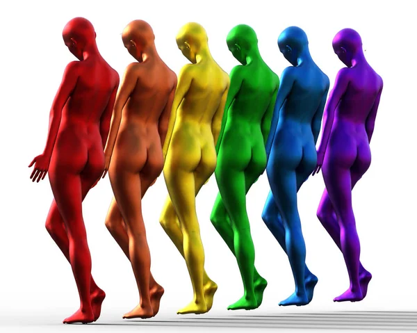 3Dイラスト 多色の裸の女性の列が背中に立っています レインボーだ — ストック写真