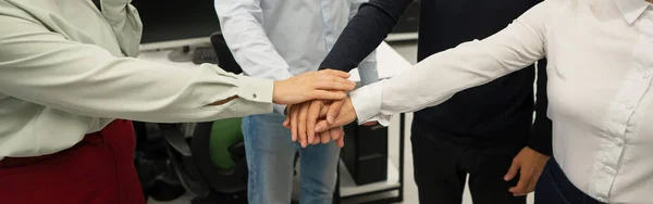 Four Colleagues Give Low Five Office Close Hands Office Workers — 图库照片