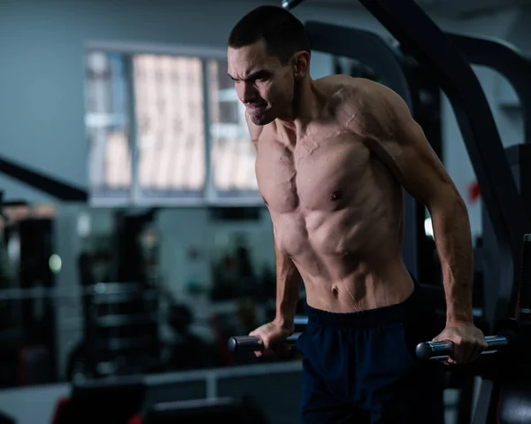 Shirtless Man Doing Triceps Dips Parallel Bars Gym — Stock Fotó