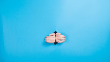 Female hands sticking out through a hole on a blue background