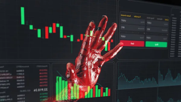 Primo Piano Palmo Uomo Coperto Sangue Criminalità Finanziaria Grafici Azionari — Foto Stock