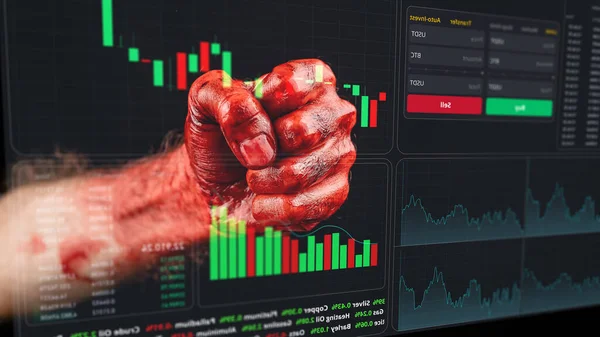 Close Mans Fist Covered Blood Financial Crime Stock Charts Virtual — Foto Stock