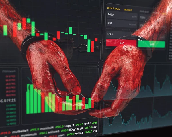 Egy Férfi Véres Kezekkel Bilincsben Pénzügyi Bűnözés Készletdiagramok Virtuális Képernyőn — Stock Fotó