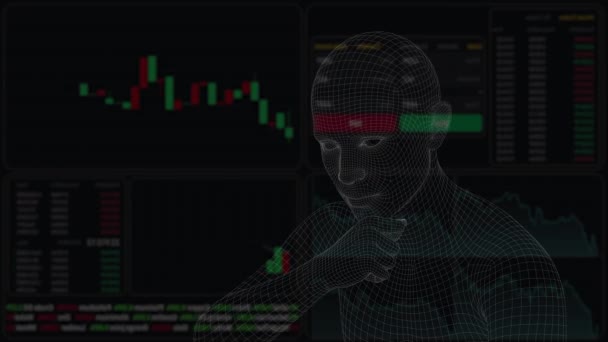 女性の頭の3Dフレーム 仮想スクリーン上で株式チャートを学習するホワイトロボット — ストック動画