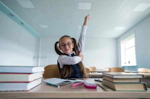 Caucasian Girl Two Ponytails Sits Her Desk Raises Her Hand — Stock Photo, Image