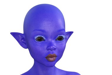 3 boyutlu görüntüleme. Beyaz arka planda mavi bir elfin portresi