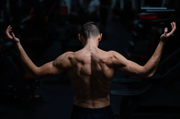 Back View Shirtless Man Sculpted Body Gym — Fotografia de Stock