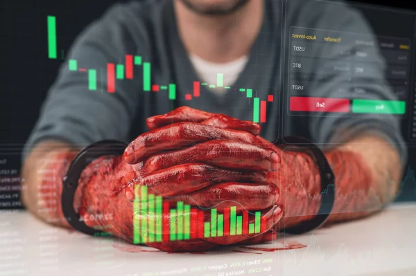 Muž Krví Potřísněnýma Rukama Poutech Finanční Zločin Akciové Grafy Virtuální — Stock fotografie